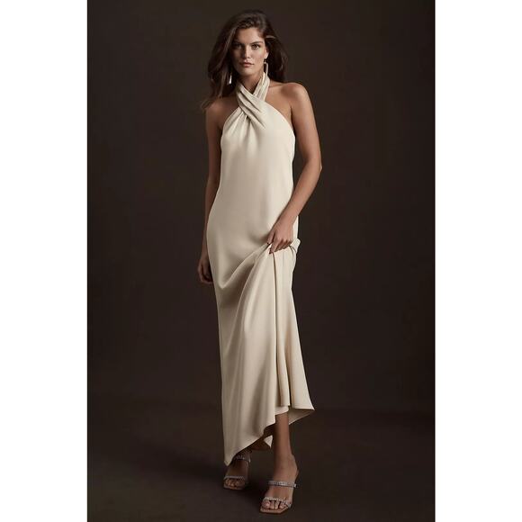 BHLDN Dress Womens 0 Ruby Twist Halter Satin Gown Champagne Elegant Bridesmaids - Picture 1 of 13